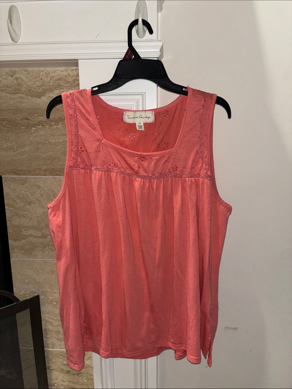 French Laundry Coral Sleeveless Embroidered Yoke Tank